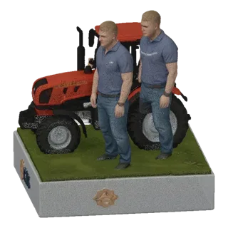 3D model of a red tractor with two farmers standing next to it on a grassy base with a logo.