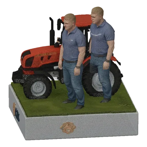 3D model of a red tractor with two farmers standing next to it on a grassy base with a logo.