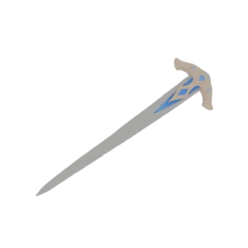 A 3D render of an ornate fantasy sword with a light-colored hilt featuring blue diamond patterns and a long, silver blade.