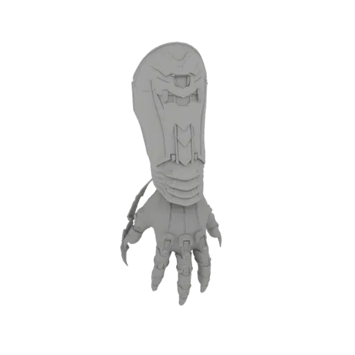 3D model render of a futuristic sci-fi gauntlet with a detailed, clawed hand, presented in a neutral grey material.