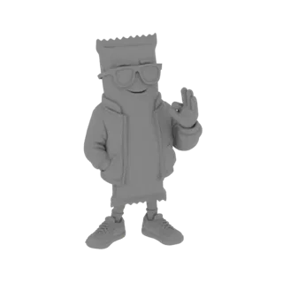 Modello 3D di un personaggio grigio del chiosco di snack con occhiali da sole e felpa, che fa il segno 'okay' con la mano des