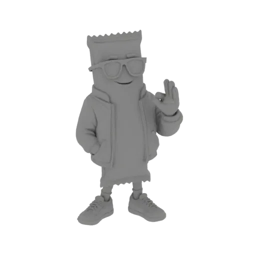 3D model of a gray snack bar character wearing sunglasses and a hoodie, giving an 'okay' sign with its right hand.