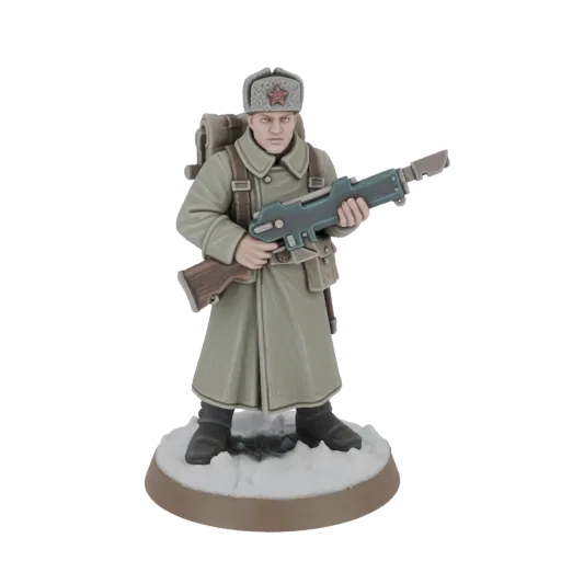 3D model of a Soviet soldier in a winter coat and ushanka, holding a rifle, standing on a snowy base.