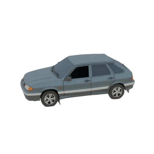 3D model of a light blue-grey 1990s hatchback car with a white side stripe, shown from a three-quarter front angle.