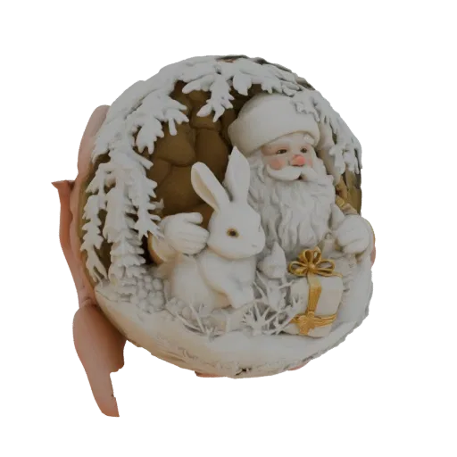 3D model of Santa Claus in a snowy forest scene, holding a gift and interacting with a white rabbit, surrounded by snow-cover