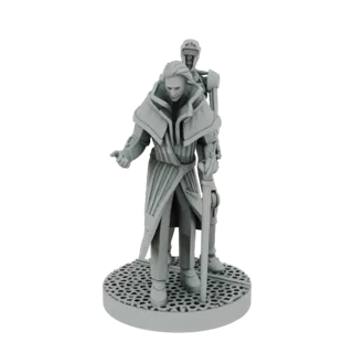 3D model render of a sci-fi noble figure in a flowing robe, with a robotic companion standing behind, on a grate-patterned ba