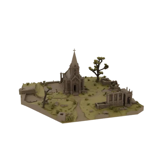 Ruined Chapel Diorama Printable 3D model, isometric tabletop STL render, showing sculpted terrain, built remnants.