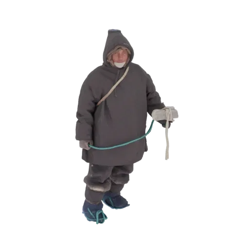 3D model of an arctic explorer in winter clothing, holding a sled dog harness, against a white background.
