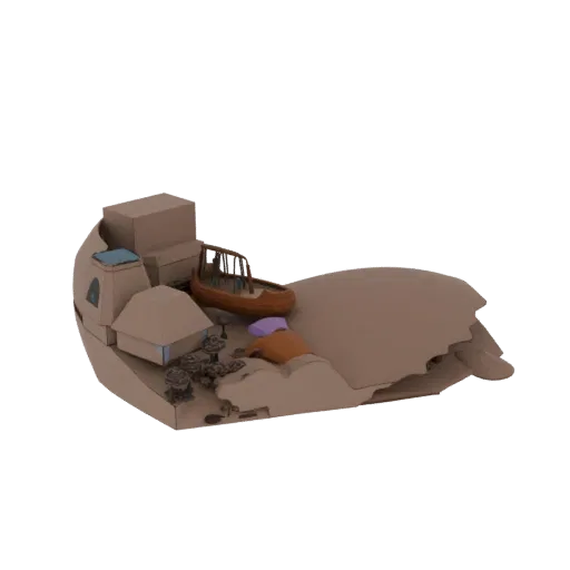 3D model of a desert oasis diorama with a beached boat, small buildings, and stylized figures on a sandy landscape.