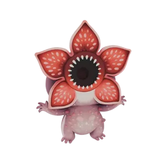 A 3D render of a cute, chibi-style Demogorgon with a flower-like head and small body, presented on a white background.
