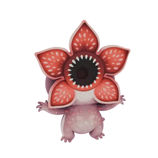 A 3D render of a cute, chibi-style Demogorgon with a flower-like head and small body, presented on a white background.