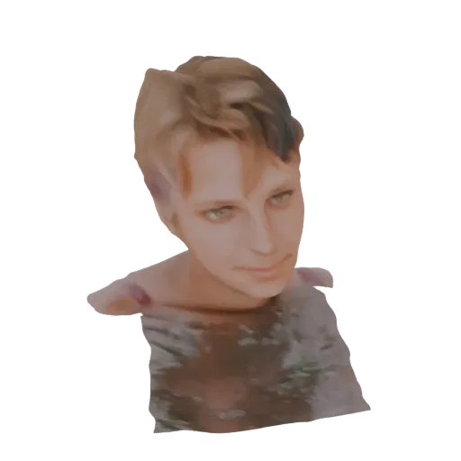 Modelo 3D de jovem com cabelo castanho claro, olhando para frente, com ombros e peito submersos em água com ondulações sutis.