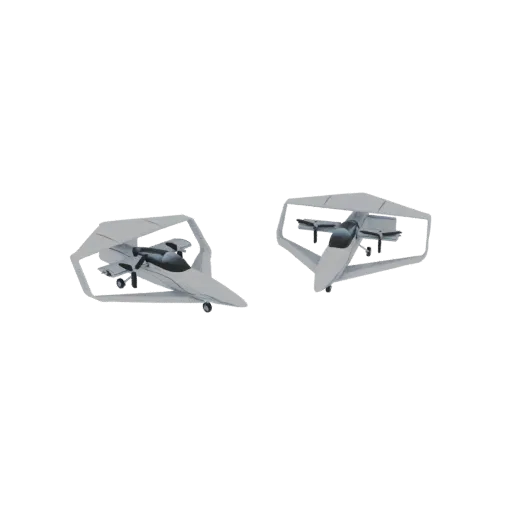 Two views of a futuristic aircraft with ducted fans, one from the side and one from a three-quarter front angle.