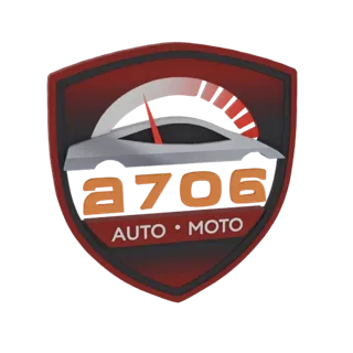 Render 3D dell'emblema A706 Auto Moto, con silhouette di auto stilizzata all'interno di uno scudo rosso e nero, con testo 'a7