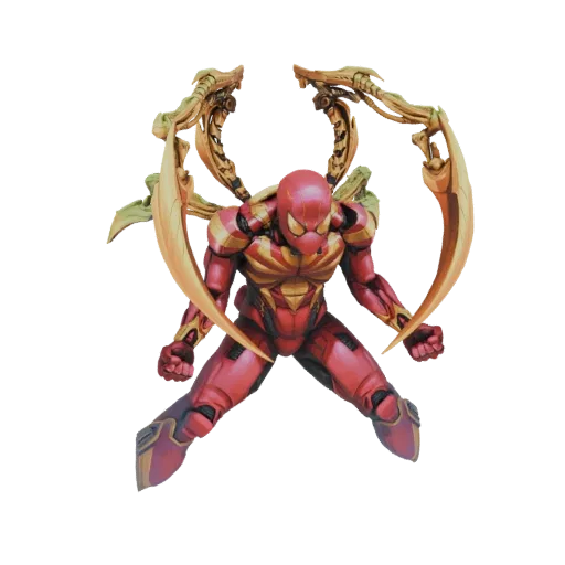 3D model of the Iron Spider Mech Suit with red and gold armor and four mechanical spider legs extended.