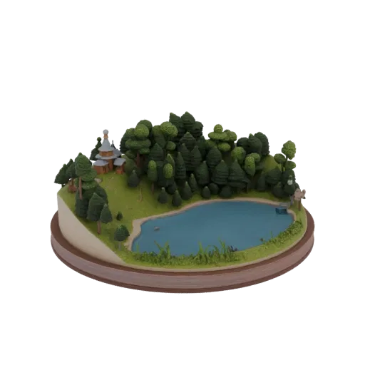 Modelo 3D de una escena de bosque encantado en miniatura con un lago azul, árboles verdes y una pequeña pagoda en una colina