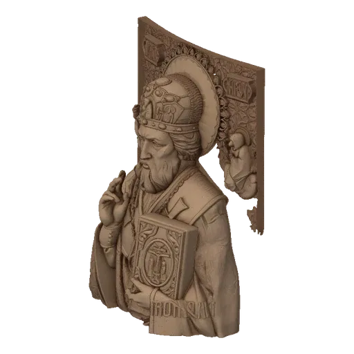 3D model of an Orthodox bishop in bas-relief, holding an open book and raising a hand in blessing, with ornate background det