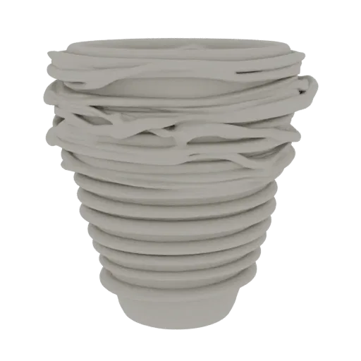 A 3D render of a light gray, abstract vase with a distinct woven texture, wider at the top and tapering down.