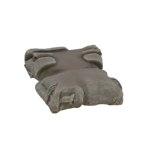 3D render of an abstract sculpture with organic, flowing lines, resembling weathered stone, against a white background.