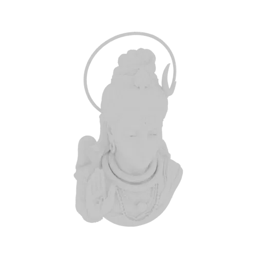 3D model of Lord Shiva's bust, featuring a serene expression, a halo, and a blessing gesture, rendered in white.