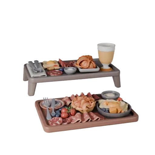 Breakfast Charcuterie Board High Poly 3D model, close-up studio render, showing ceramic, arranged serving layout.