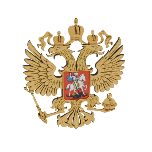 3D-Modell des russischen Doppeladler-Emblems, ein goldener Adler mit drei Kronen und einem Schild auf der Brust, der ein Zept