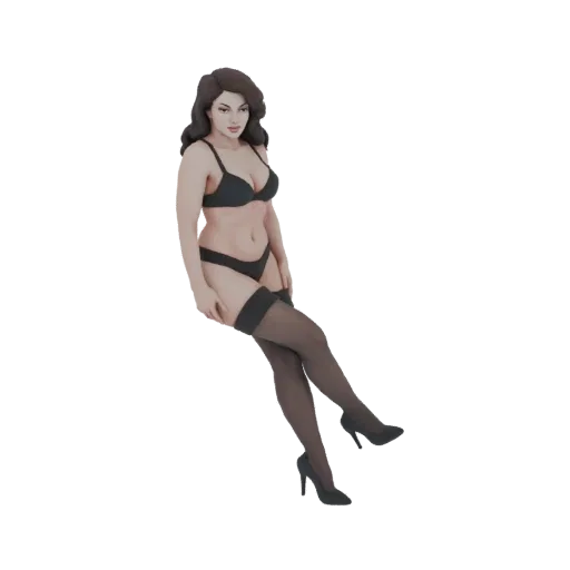 3D model of a glamorous woman in black lingerie and stockings, sitting provocatively with legs crossed.