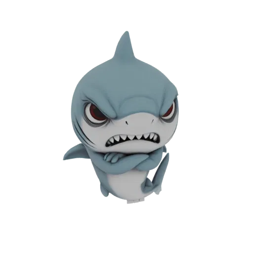 3D model of an angry chibi shark with crossed arms, red eyes, and bared teeth, presented on a black background.