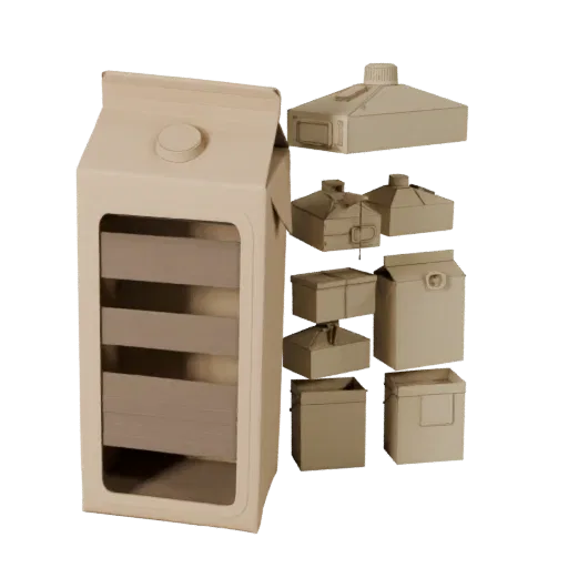 Bagged Milk Carton Printable 3D model, isometric STL render, showing cardboard, package massing.