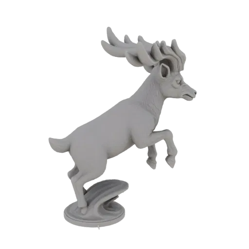 3D model of a grey stag in a dynamic leaping pose with large, detailed antlers, set against a black background.
