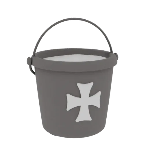 3D model of a gray bucket with white milk inside and a white Templar cross on the outside.