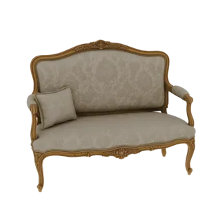 3D-Modell eines prunkvollen Zweisitzers im Louis XV Stil mit geschnitztem Holzrahmen und hellfarbigem Damast-Polster, mit ein