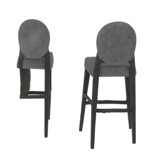 Un modello 3D di due sgabelli da bar moderni in velluto grigio con strutture in legno scuro, mostrati da diverse angolazioni