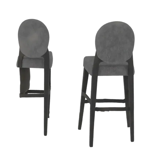 A 3D model of two modern grey velvet bar stools with dark wood frames, shown from different angles against a white background