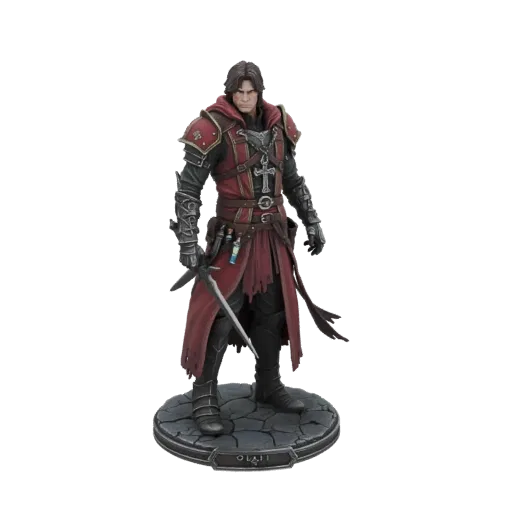 Modelo 3D de Alucard de Castlevania, de pie sobre una base de piedra, sosteniendo su espada.