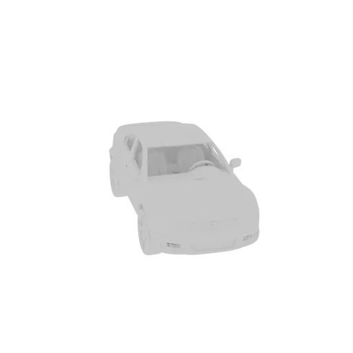 Ein 3D-Render eines monochromatischen SUVs, von vorne im Dreiviertelwinkel vor einem weißen Hintergrund.