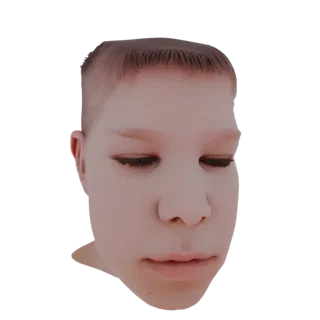 Modello 3D della testa di un bambino con gli occhi chiusi, che mostra texture della pelle realistica e dettagli dei capelli.