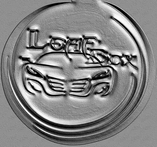 3D model of Leaf Box bas-relief with car and inscription, rendered in silver.
