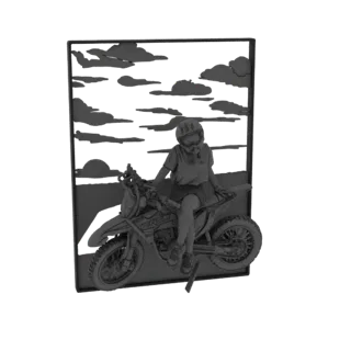3D model of a silhouette of a girl sitting on a dirt bike against a backdrop of clouds and a setting sun, designed as wall ar