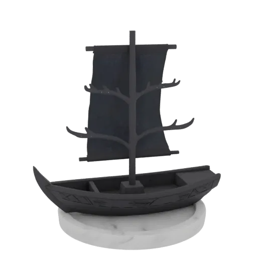 Render do modelo 3D de um veleiro cinza escuro com mastro em forma de árvore nua, sobre uma base branca.