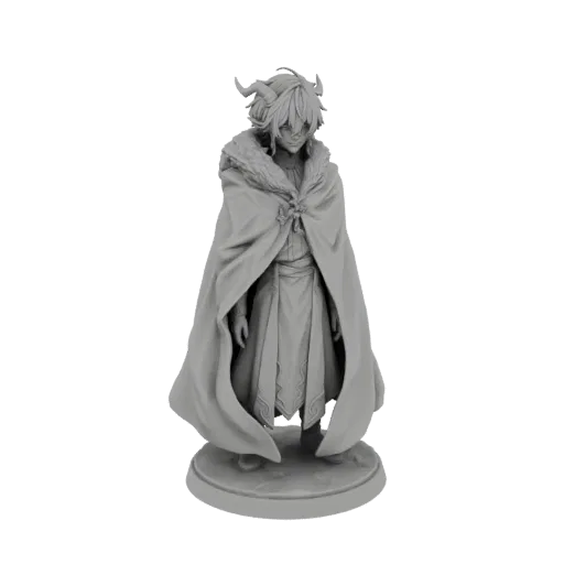 Modelo 3D de um personagem de fantasia com chifres, vestindo uma capa esvoaçante forrada de pele, em pé sobre uma base textur