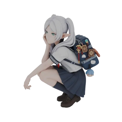 3D model of an anime elf girl in a school uniform, crouching with a backpack adorned with charms.