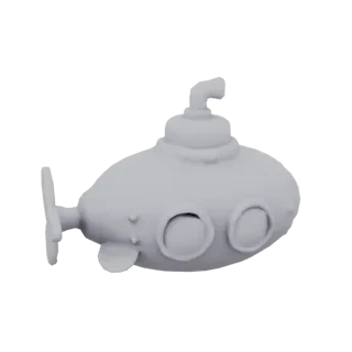 A 3D render of a light gray, cartoon-style submarine with large circular windows and a propeller, set against a white backgro