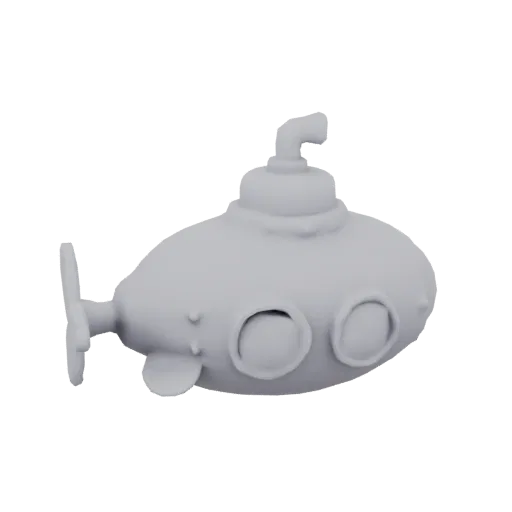 A 3D render of a light gray, cartoon-style submarine with large circular windows and a propeller, set against a white backgro