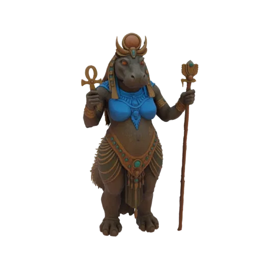 3D model of Taweret, the Egyptian hippopotamus goddess, wearing blue attire and golden headdress, holding an ankh and a scept