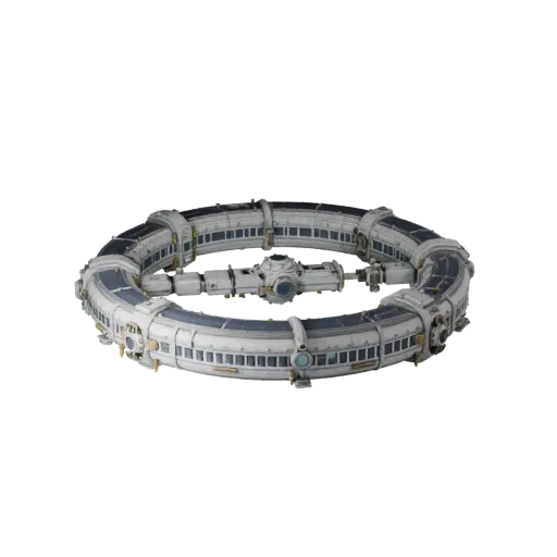 Deep Space Station Corridor 3D model, three-quarter front view, Unity viewport, showing metal modules, form detail.