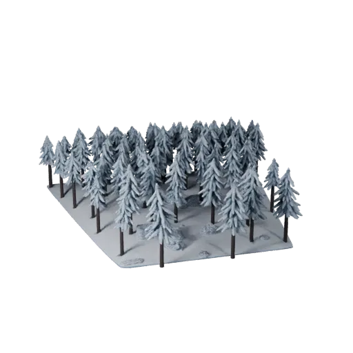 Snow Pine Forest Biome Stylized 3D model, stylized isometric environment render, showing terrain layers, terrain detail.
