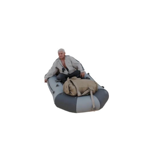 Man in Inflatable Boat with Duffel Bag