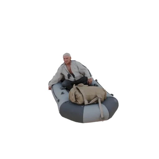 3D model of a man with graying hair wearing a jacket, sitting in an inflatable boat with a tan duffel bag.