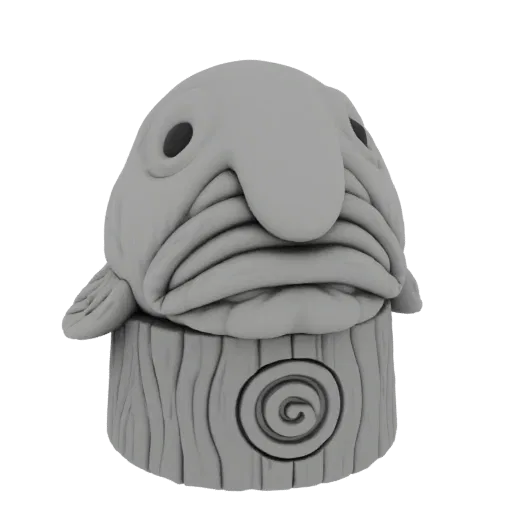 A 3D render of a grotesque fish-head creature with a wrinkled face, perched on a wooden base with a spiral carving, against a